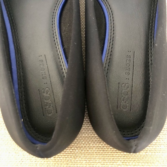 ASOS Flat Satin Pointed Toe Shoes With Electric Blue Boarder Around Sole. - Picture 6 of 10